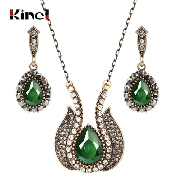 

Kinel Drop Shipping Fashion Turkish Jewelry Set Antique Gold Black Crystal Necklace And Earrings For Women Vintage Jewelry Sets