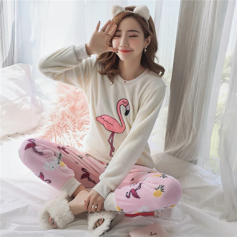 JRMISSLI Flamingo chica pijama pijamas de Invierno Caliente pijamas mujeres Homewear Mujer Set mujer pijama|Sets de pijamas| - AliExpress