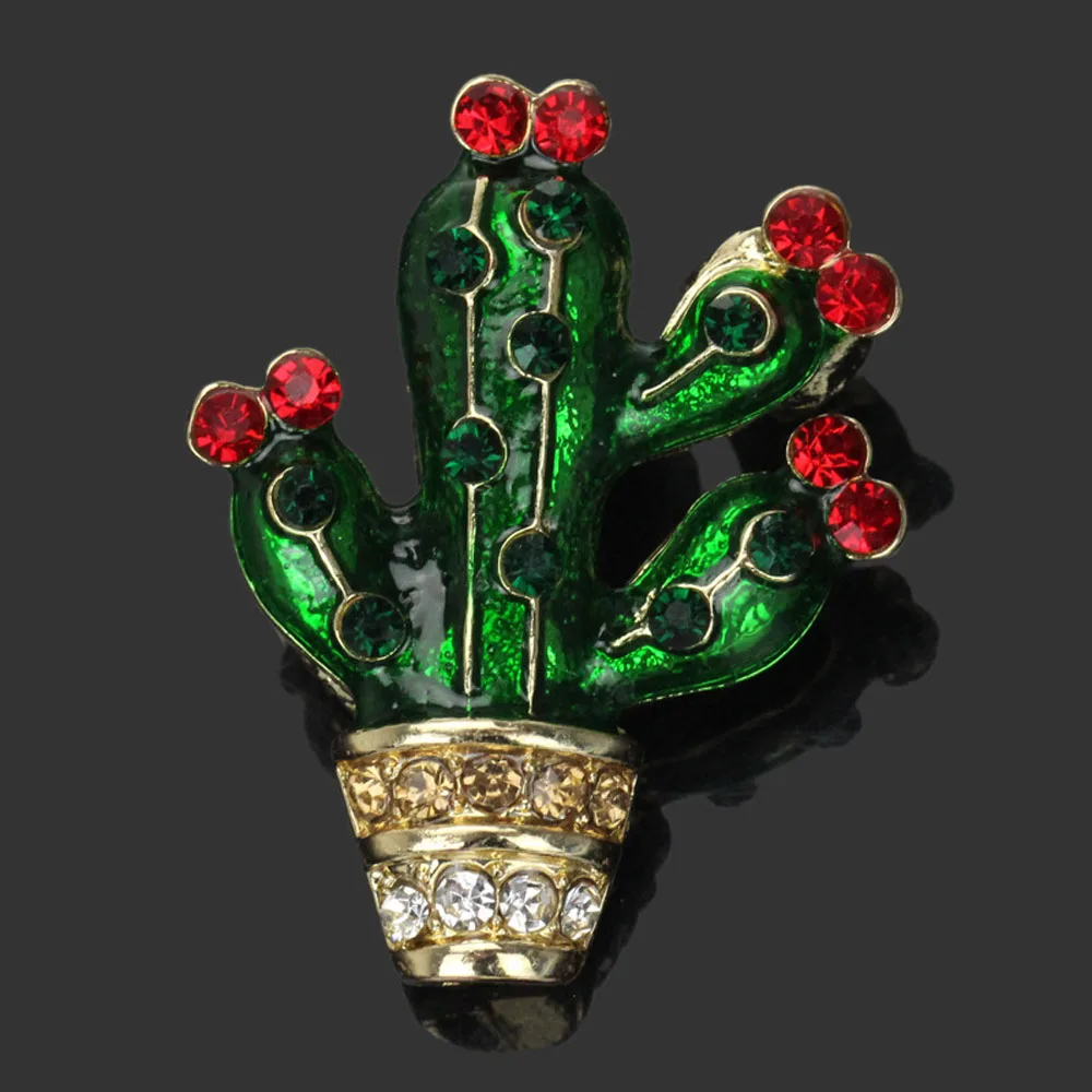 Leaf Cactus Style Brooch Women Elegant Pin Crystal Rhinestone Jewelry Green Plant Classic Accessories Simple Gift | Украшения и