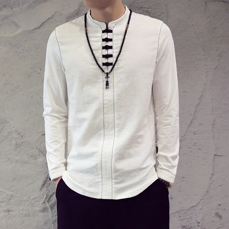 

Men Cotton Linen Pullover Shirts Long Sleeve Chinese Style Kung Fu Tai Chi Custume Retro Mandarin Collar Tang Suit Male TS-333