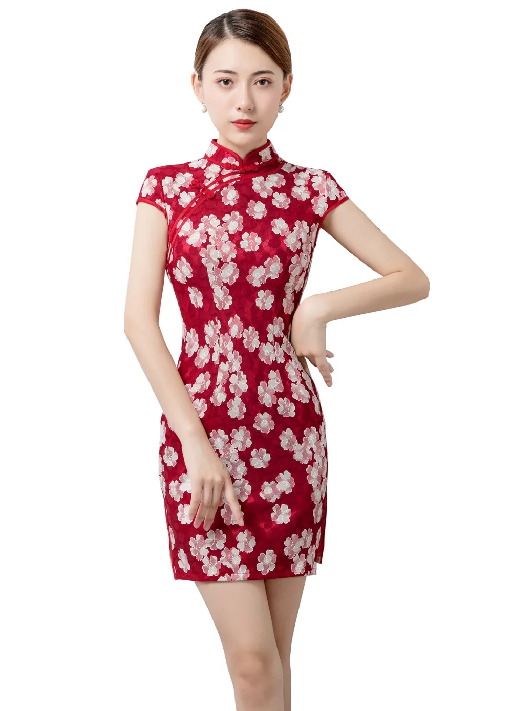 Шанхай история с коротким рукавом красный Qipao короткие Cheongsam китайское традиционное платье китайский Восточный платье для Для женщин