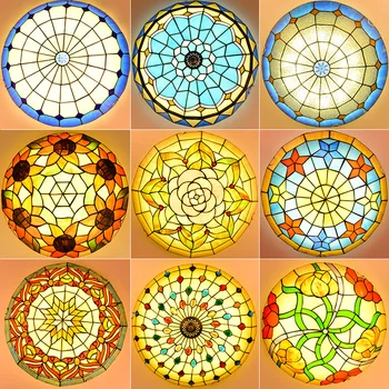 

European Baroque Pastoral Ceiling Light Tiffany Round Glass Lampshade lamparas de techo abajur