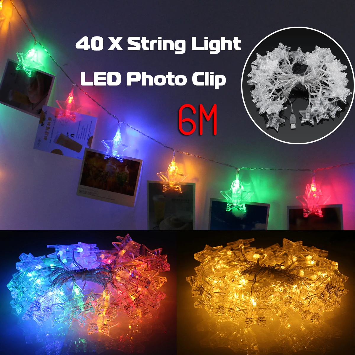 

USB Charge LED Garland Card Photo Clip 6M 40 LED String Strip Card Wall Fairy Lights for Home Chrismas Decoration Tree Accessory