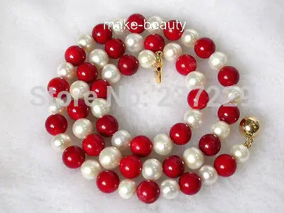 

HOT## Wholesale XSZ2014 ^^^stunning 8mm round white freshwater pearls red coral necklace