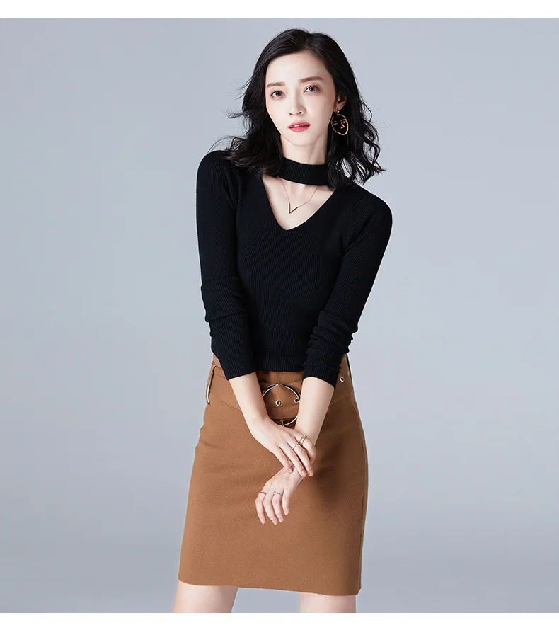 2018 autumn and winter new V-neck sweater wild slim slimming shirt long-sleeved slim pullover sweater women