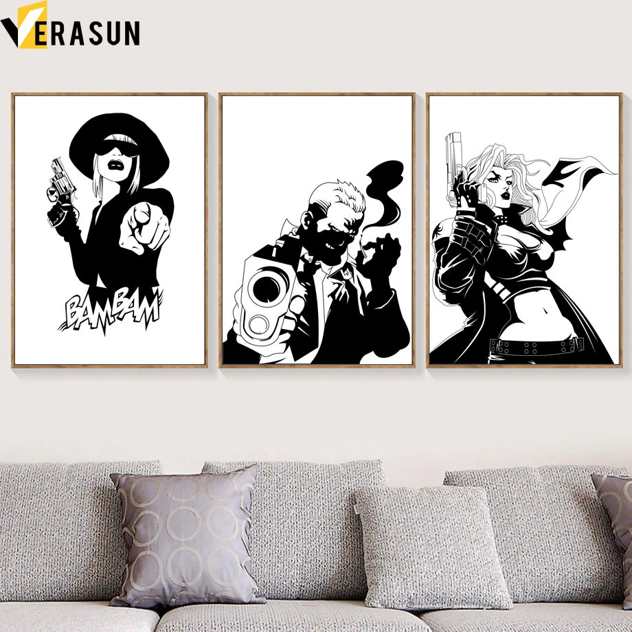 Hitam Putih Kartun Keren Pria Wanita Pistol Dinding Seni Lukisan Kanvas Nordic Poster Dan Cetakan Dinding Gambar Untuk Ruang Tamu Dekorasi Painting Calligraphy AliExpress