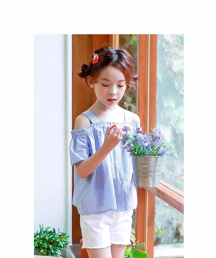 blue striped baby teenage girls shirts princess off shoulder loose cute teenage shirts Korean style spring summer autumn tops (17)