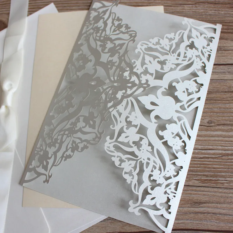Carte invitation mariage laser light grey lace decorated personalized printing supply 50pcs