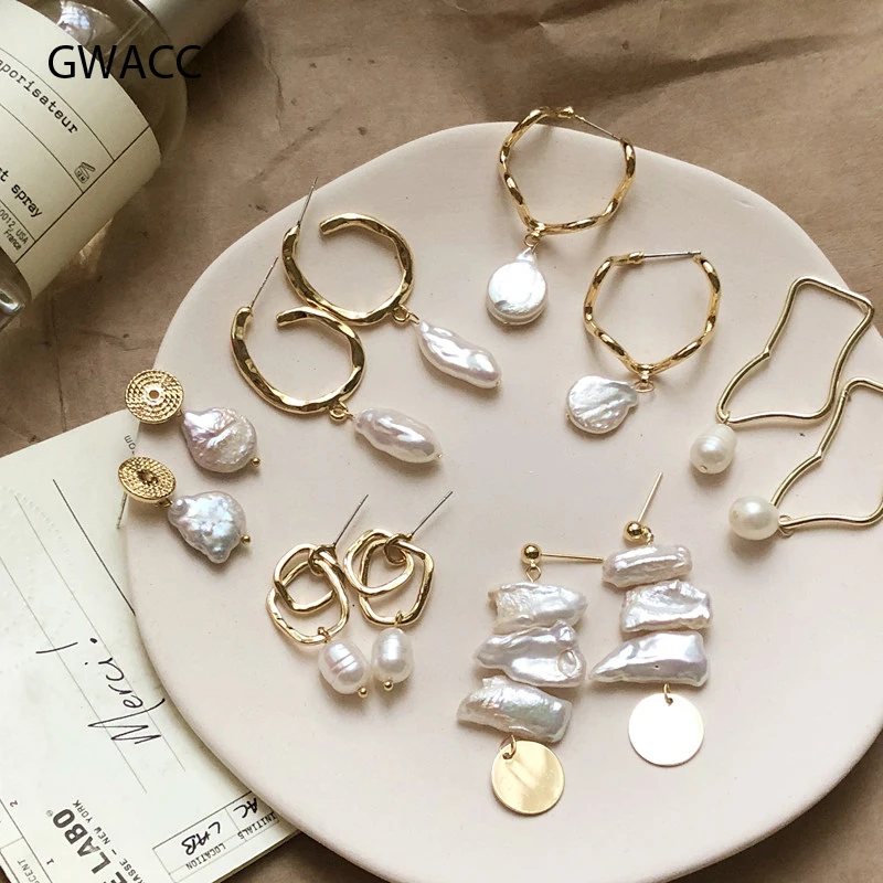 

GWACC Korea Design Metal Gold Drop Earrings Baroque Irregular Circle Square Natural Freshwater Pearl Earrings for Women Girls