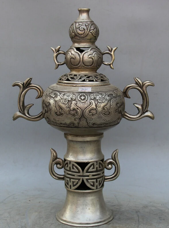 

Elegant old S6007 16" Marked Chinese Silver cucurbit Beast handle flower Incense Burner Censer (A0321)