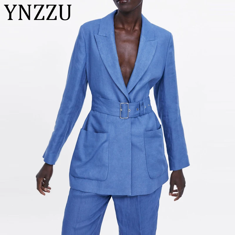 

YNZZU Chic Solid Blue Casual Blazer Women 2019 Autumn Long Sleeve Ladies Workwear Sashes Female Jackets Outerwear Pockets AO974