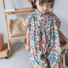 Летние детские комбинезоны в Корейском стиле для маленьких девочек милая детская одежда с цветочным принтом для девочек, вокационная одежда