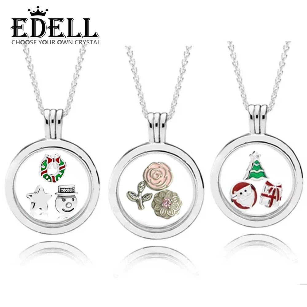 

EDELL 100% 925 Sterling Silver Brand New 1:1 Pan 1:1 Box Pendant Necklace Floating Snowman Christmas Flower Theme
