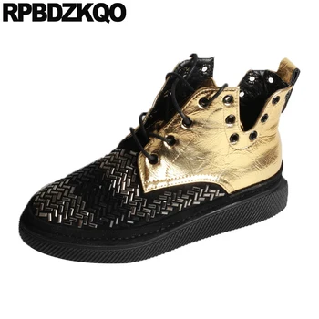 

Gold Winter Sneakers Booties Rhinestone Crystal Wedge Shoes Women Ankle Boots 2019 Round Toe British Metallic Patent Leather