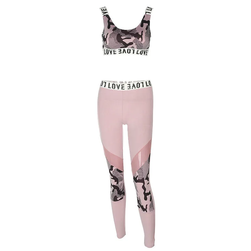 Розовый комплект из 2 частей Для женщин камуфляж сетки лоскутное Conjunto Feminino комплект из двух предметов летний топ и брюки Фитнес Костюмы