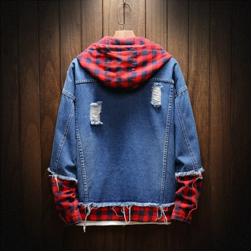 2018 Autumn Winter Fashion Jacket For Men Plaid Stripe Spliced Ripped Denim Jacket Men Youth Streetwear Hip Hop Jacket Hooded