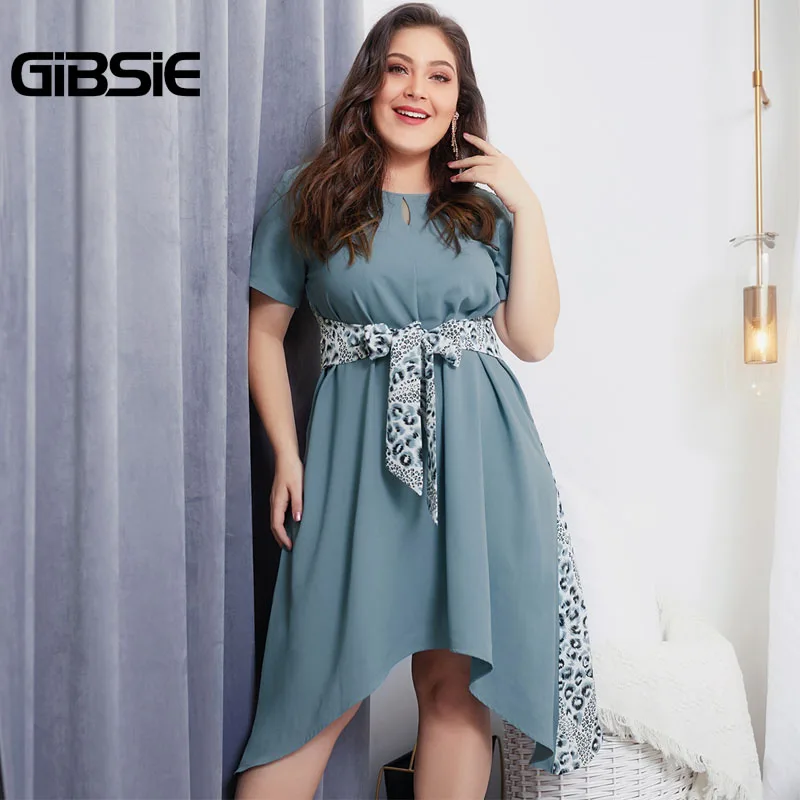 

GIBSIE Women Summer Dress 2019 Leopard print Belted Short Sleeve Dress xxxl 4xl Plus Size Womens Casual Asymmetrical Dress