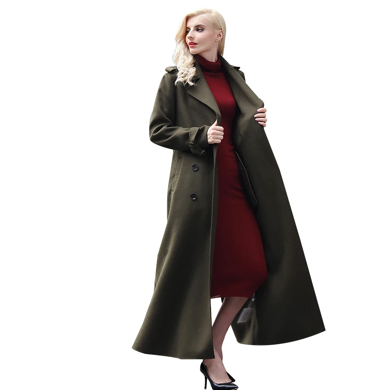 S XXXL European Stlye Women Maxi Long Woolen Coat Winter Design Army