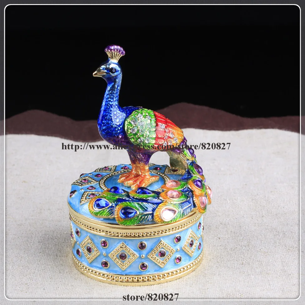 Vintage style Peacock Box Crystal Jewelry Trinket Pill Box Figurine Metal Peacock Jewelry Keepsake Box Storage Organizer