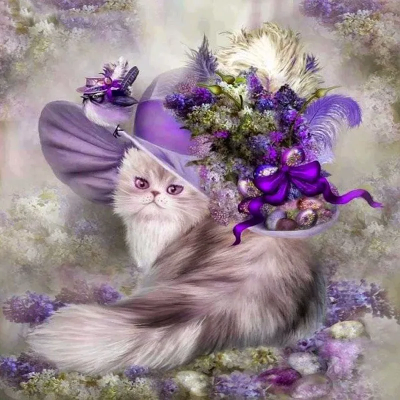 DIY-5D-Diamond-Embroidery-Cross-Stitch-Animal-Purple-Cat-In-Hat-Round-Full-Diamond-Mosaic-Picture