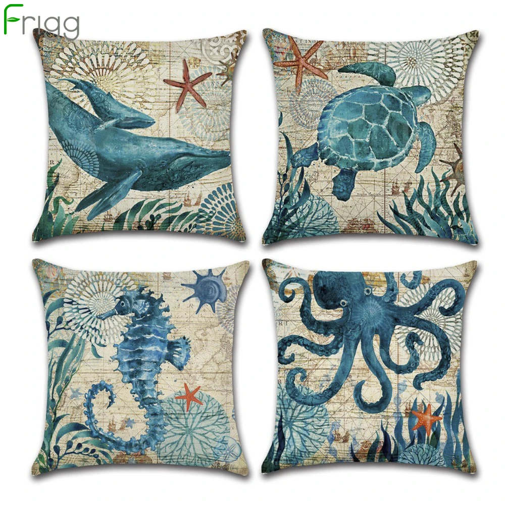 

Frigg Marine Turtle Sea Horse Cushion Cover Sofa Home Decor Linen Couch Pillow Cases Sea Whale Octopus Throw Pillow Covers
