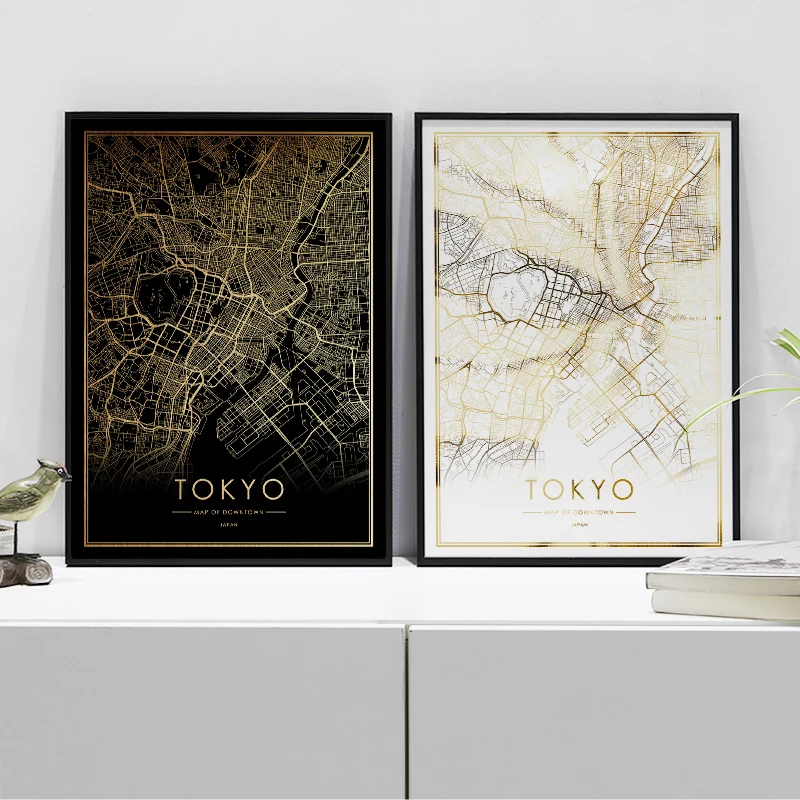 

Tokyo city map poster real gold foil world map prints for wall art canvas decor picture for Nordic style living room gift