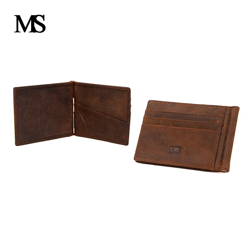 

MS New Thin Billfold Wallet Men Money Clips Real Leather 2 Folded Open Clamp for Money Holder Credit Card Case Cash Clip TW1665