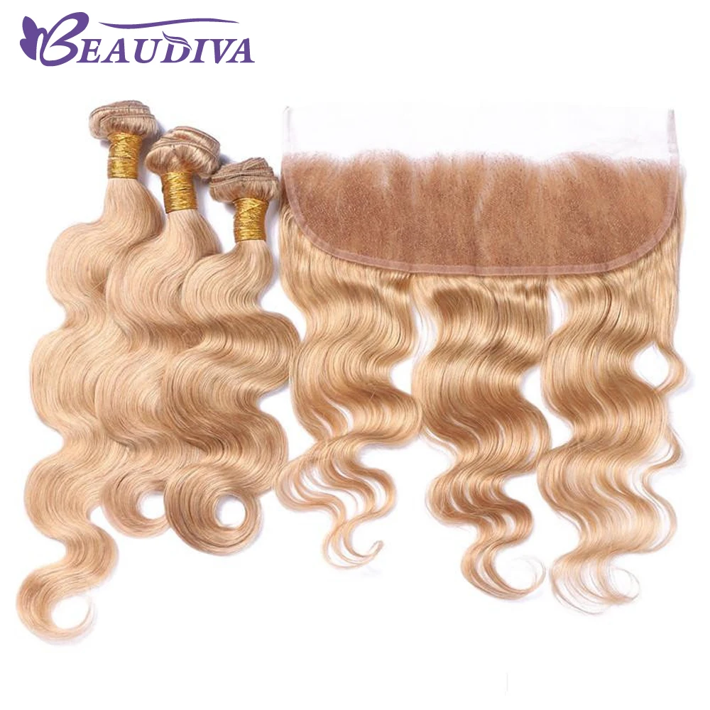 BEAUDIVA Pre-Colored Blonde Brazilian Body Wave 3 Bundles Bundles With Frontal Closure 13x4 Lace Frontal Remy Human Hair Weave body-wave-with-frontal