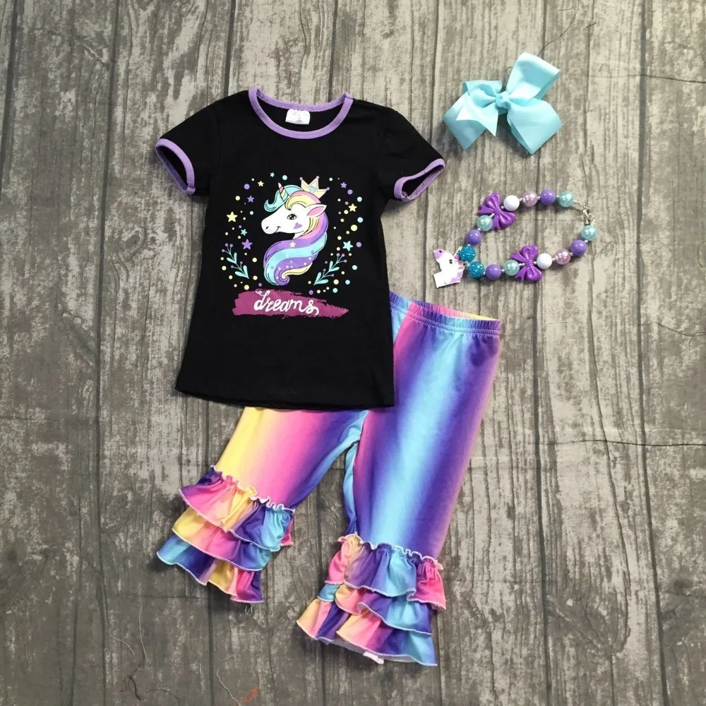 

new 2018 Summer outfit black dreams unicorn short sleeve baby girls ruffles boutique clothing capris with matching accessories