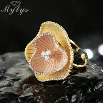 

Mytys Brand Vision Design Aqua Sandblasting Frosted Metal Flower Ring for Women Elegant Wedding Party Two Tone Gold Rings R2030