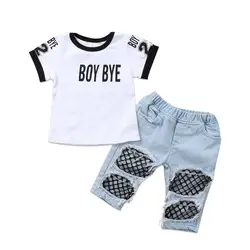 Для новорожденных Happy одежда для маленьких девочек хлопковая футболка сетки отверстие джинсовые штаны Джинсы для женщин наряды одежда для