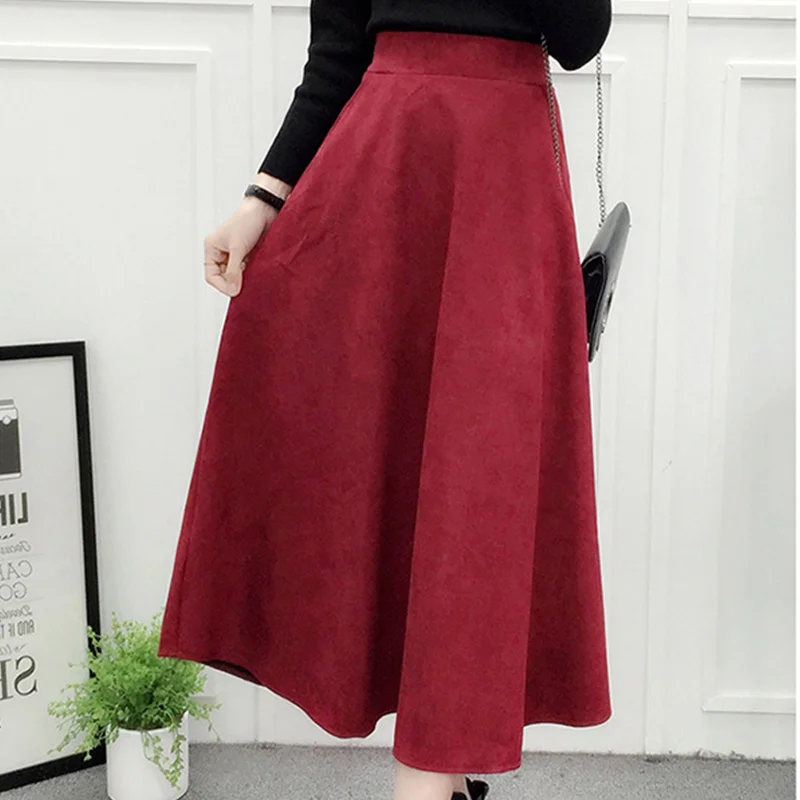 Koop Fluwelen Hoge Taille vrouwen Midi Plooirok A lijn Office Lady Koreaanse Vrouwelijke Rokken 2018 Herfst Winter Skater Vrouwelijke Kleding