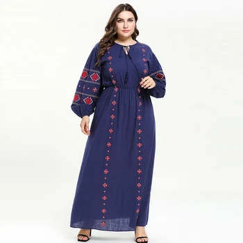 

Blue 2019 Long Sleeve Muslim Dress Women Cotton Ethnic Style Embroidery Maxi Long Dresses Vestidos Kaftan Arabic Dress M - 4XL