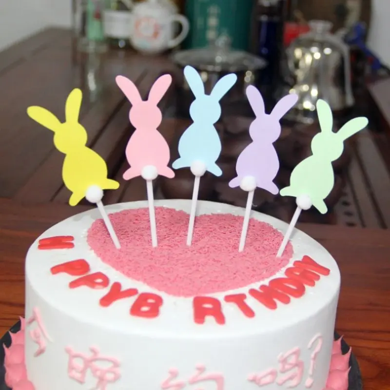 

5Pcs/Set Happy Easter Sweet Candy Color Cake Picks Rabbit Bunny Shape White Pompom Ball Tail Cupcake Toppers Birthday Party Deco