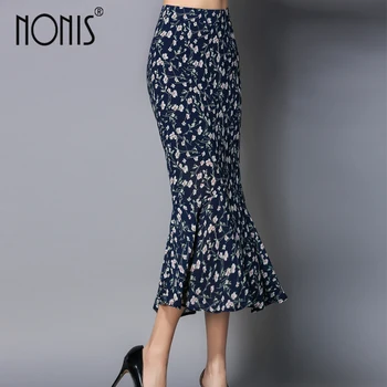

Nonis 2017 skirts women floral print chiffon slim summer pleated skirt high waist ruffle female mermaid skirts