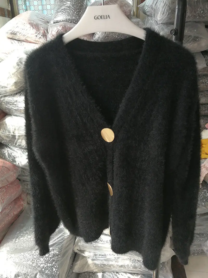Корейский искусственный норковый Кардиган Женская одежда Осень Зима Одежда с вырезом Kardigan джемпер Pull Femme свободный свитер кардиган