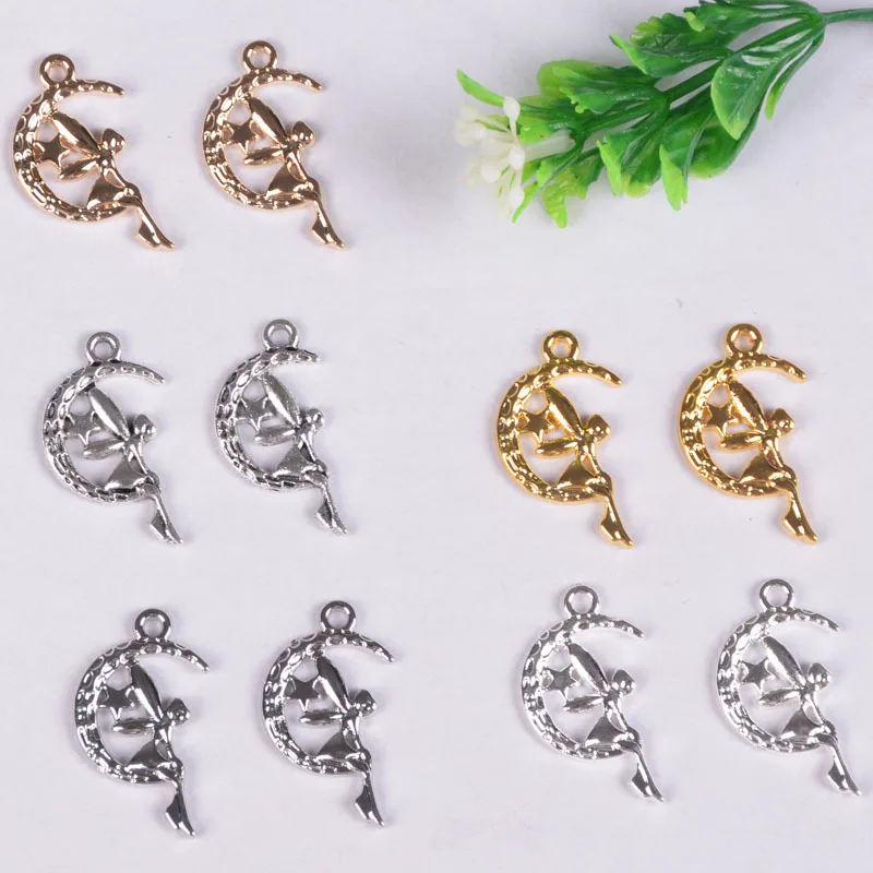 

50pcs 15*26MM Zinc Alloy gold silver color angle on the moon simple Charm Necklace Pendant DIY Fashion Jewelry For Women&Men