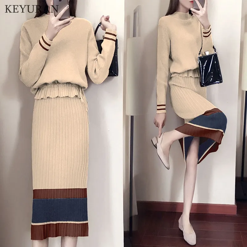 Вязаный комплект из двух предметов, платье для женщин, Осенний Полосатый пуловер с длинным рукавом, вязаный свитер с высоким воротником, плиссированная юбка, костюм