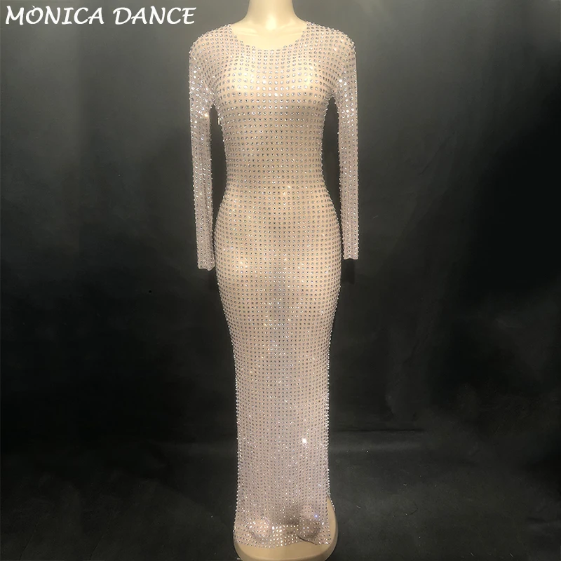 

Women Sexy Stage Bling Long Dress High Grade Net Yarn Full Glass Sparkling Crystals Nightclub Party Dancer Singer Stage Wear
