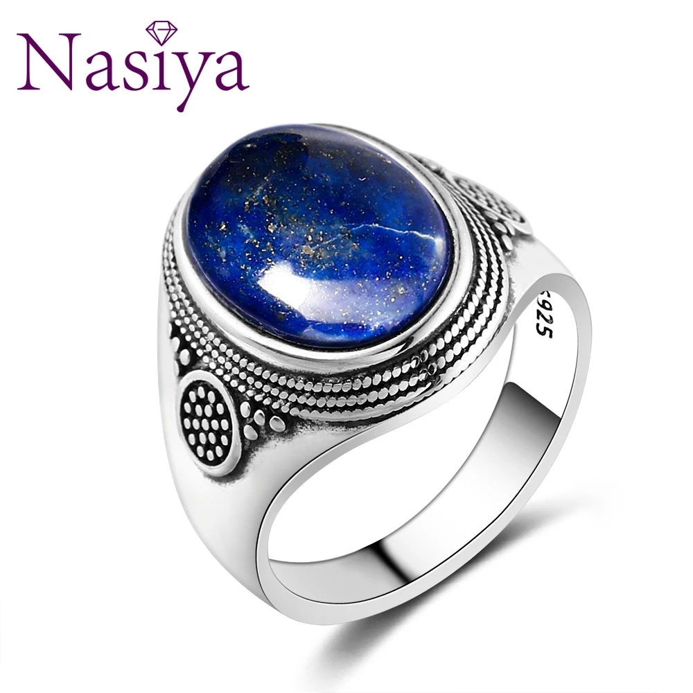 

Nasiya Luxury Vintage 10x14MM Big Fashion Oval Lapis Lazuli Rings For Men Women Sterling Silver Fine Jewelry Party Anniversary