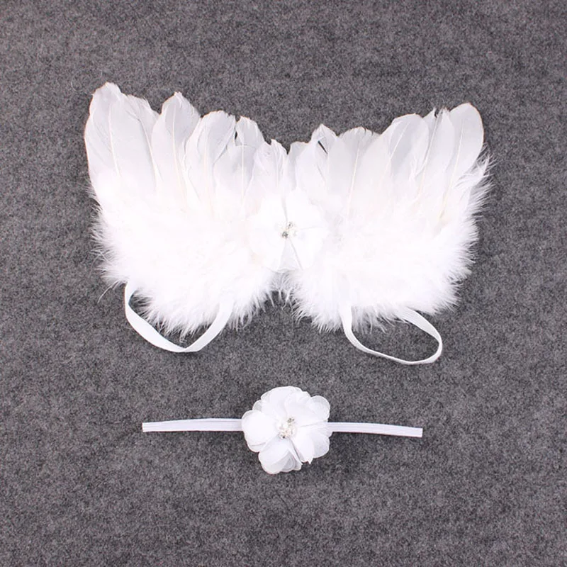 Стильный ободок с пером и кружевом и крыльями ангела для новорожденных - Цвет: White