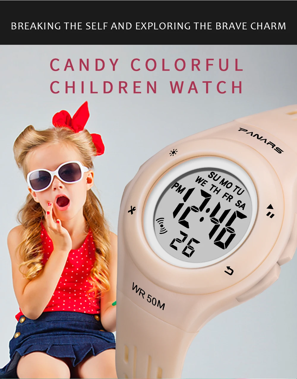 PANARS модные 7 светодиодный Цвета для присмотра за детьми, WR50M Водонепроницаемый детские наручные часы-будильник многофункциональные часы