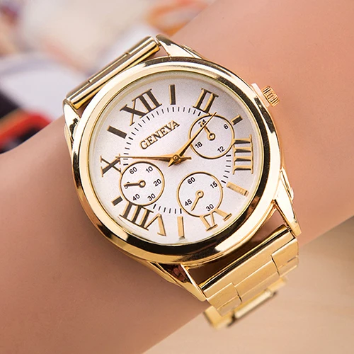 Элегантное крутое наручные Для женщин Роскошные Женева римскими цифрами золотого сплава аналоговые кварцевые наручные часы 75GX