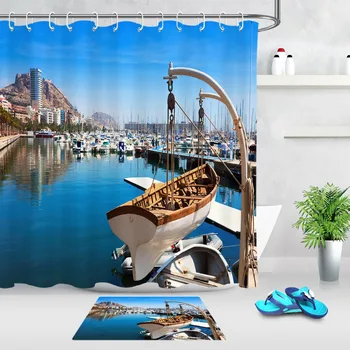 

Modern Industry Blue Port Cool Ferry White Yacht Shower Curtain Bathroom Mat Waterproof Polyester Fabric for Bathtub Home Decor