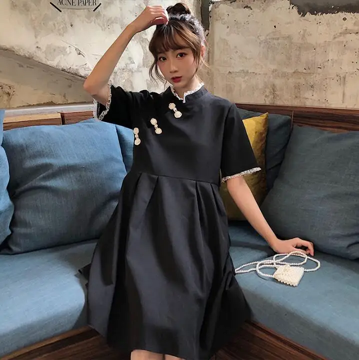 Платье Чонсам в стиле ретро с бантом и кружевами, женские милые платья, шикарные Ins Kawaii Girl, милая Harajuku, одежда в стиле панк для женщин - Цвет: BLACK 2