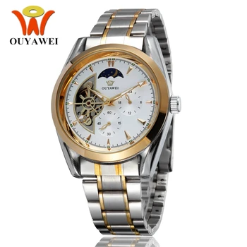

OUYAWEI Luxury Brand Mens Automatic Self Wind Analog Watches Full Steel Band Gold Fashion Dress Skeleton Wristwatch Hombre Gift