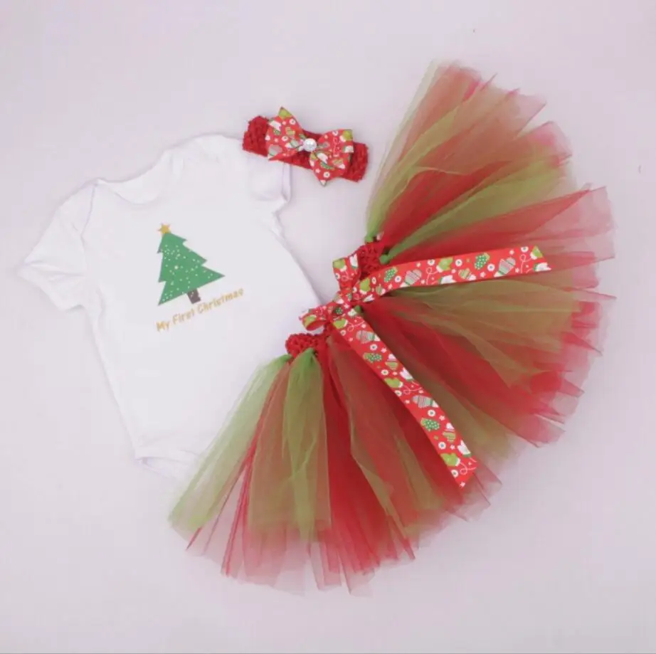 Комплект из 3 предметов, Детский комбинезон для девочек с надписью «My First Chrismtas», юбка-пачка с головной повязкой, украшенная стразами, для От 0 до 12 месяцев - Цвет: Зеленый