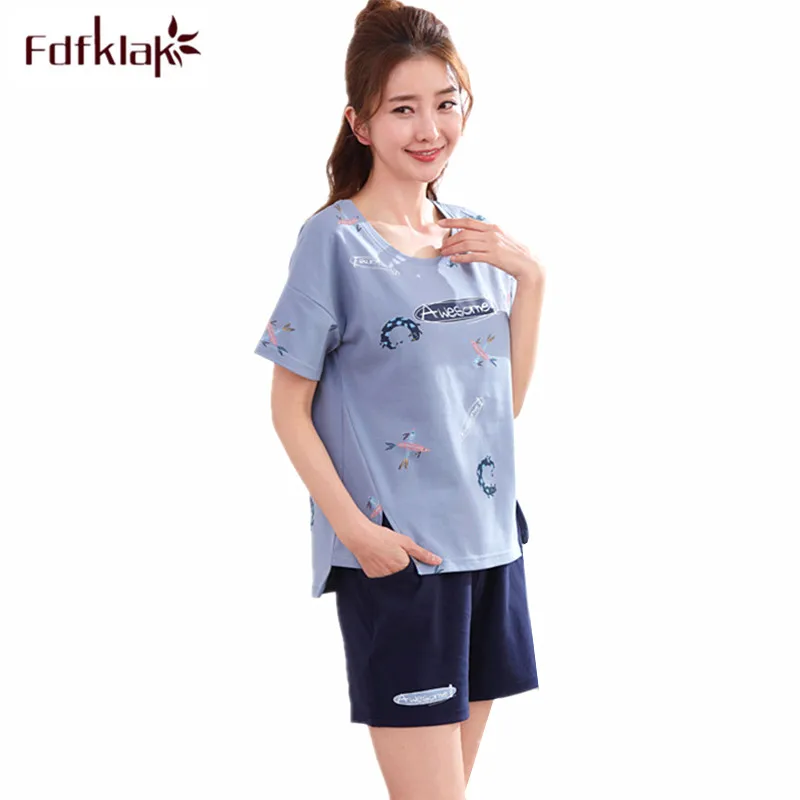 

Fdfklak Cotton pajamas women short sleeve print summer pyjamas set large size women's sleepwear home clothes pyjama femme XXL