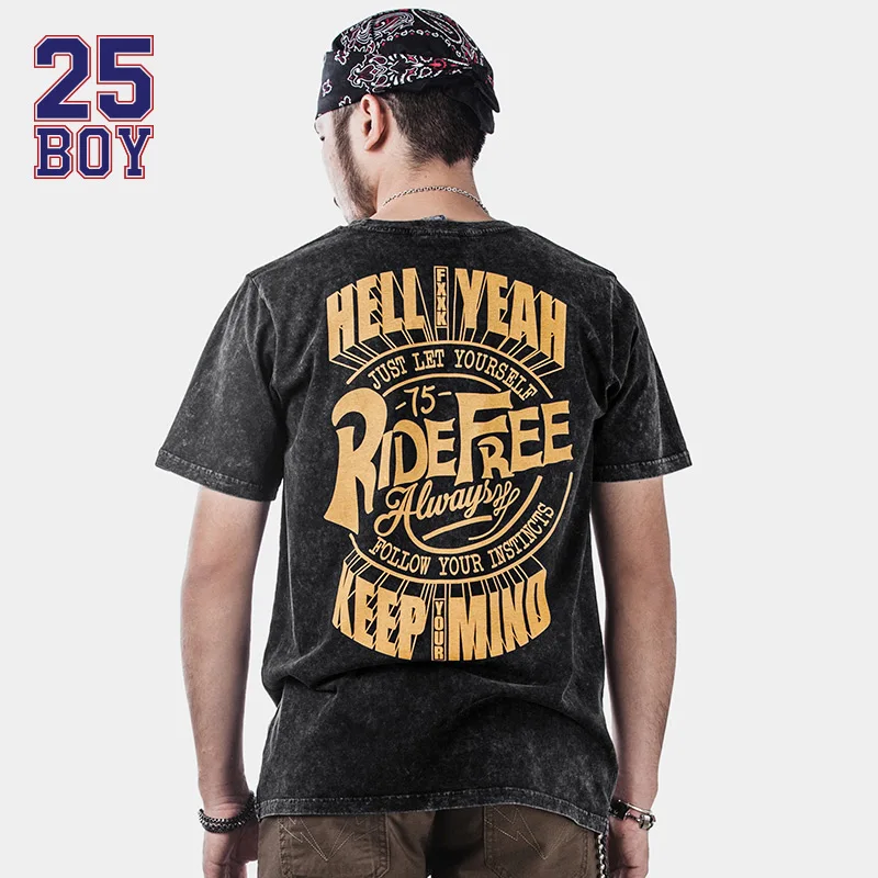 25boy he75denim тяжелые мыть ретро Crewneck байкер футболка Мода уличная Премиум винтажные |