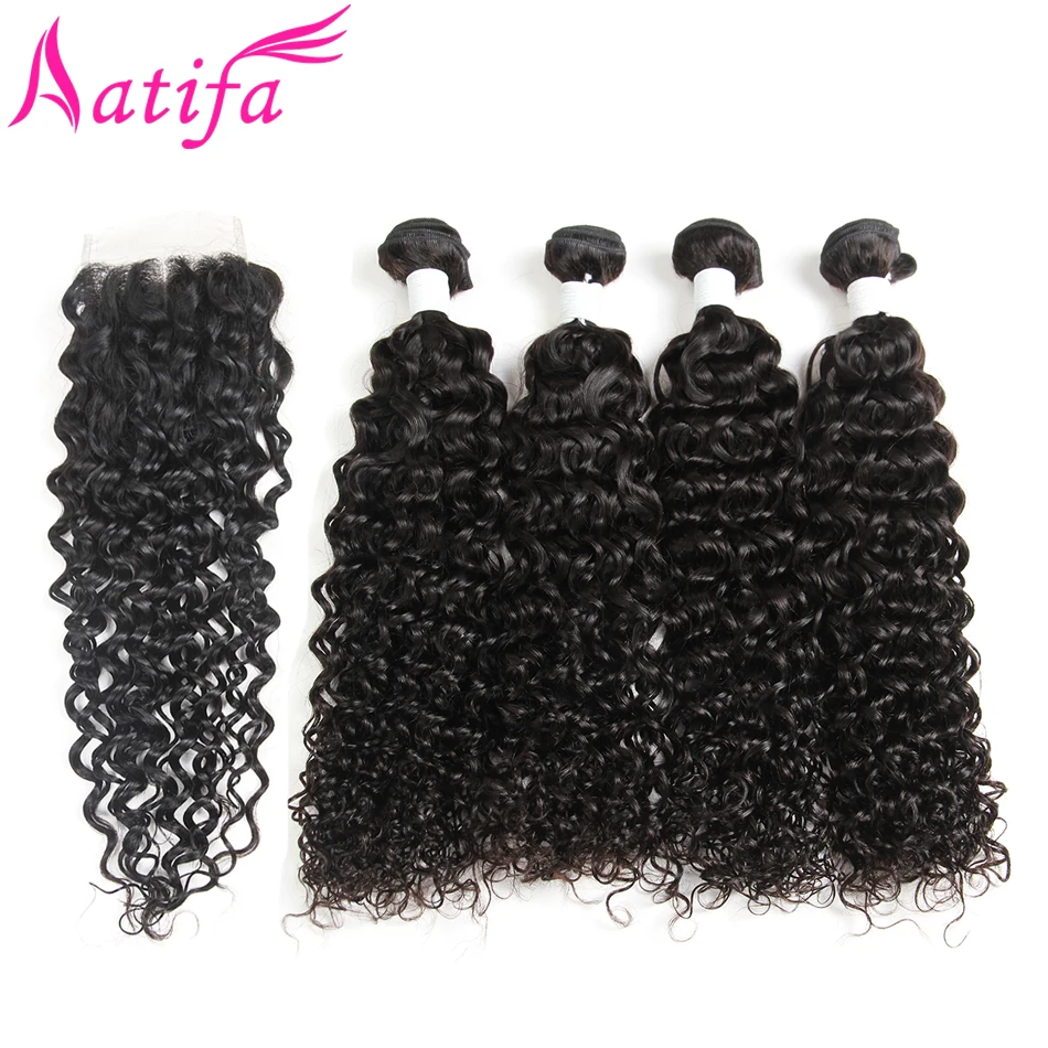Water Wave 4 Bundles With Closure Human Hair Bundles with Closure 4x4 Aatifa Brazilian Human Hair Non Remy Hair Weave 5pcs/lot
